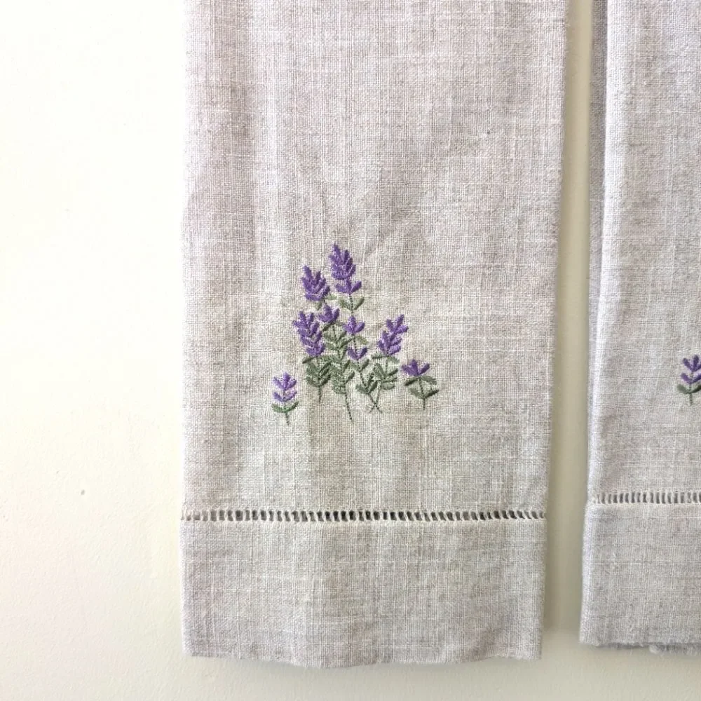 Hemstitched Embroidered Linen Tea Towels Lavender Cream Purple 28 x 17